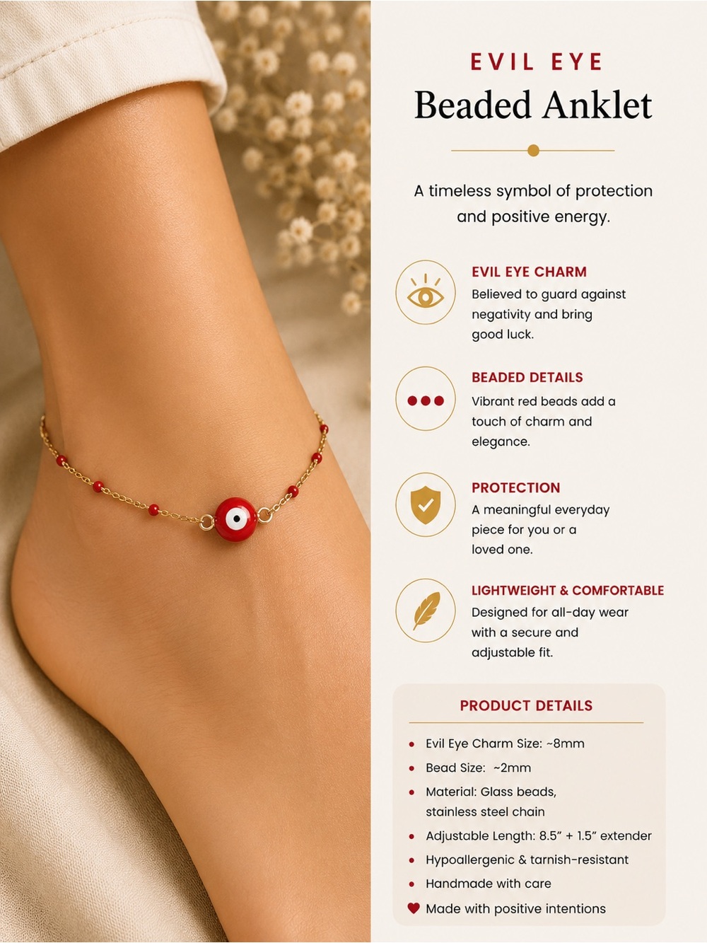 Evil Eye Beaded Anklet - Red